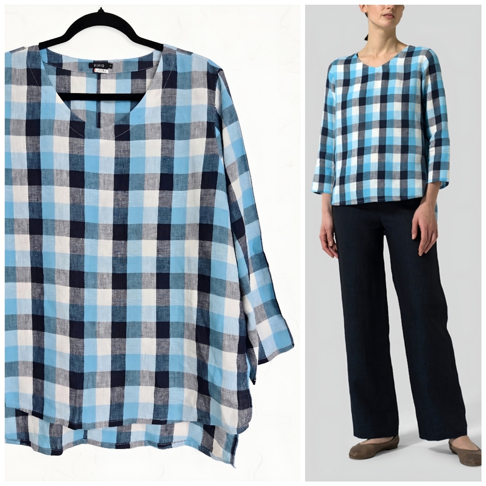 VIVID Linen Plaid Blue White Boxy Top, L